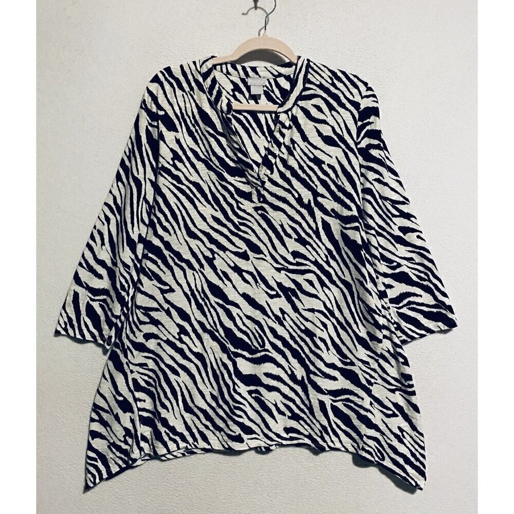 Chicos Top Womens Large Zebra Print Slub Knit Tunic Cotton Modal Boho Beachy